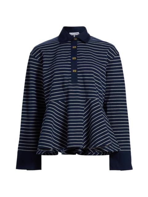 GANNI Women's Striped Single Piqué Cotton Peplum Top - Sky Captain