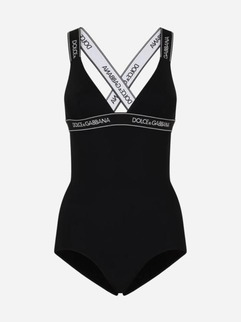 Dolce & Gabbana One-piece swimsuit with plunging neckline and branded elastic