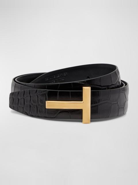 TOM FORD T Buckle Croc-Embossed Patent Belt