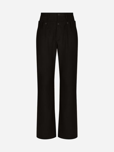 Stretch wool pants with double belt