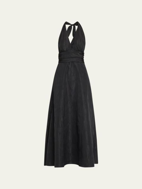BERNADETTE Marylin Camelia Embossed Cotton Midi Halter Dress