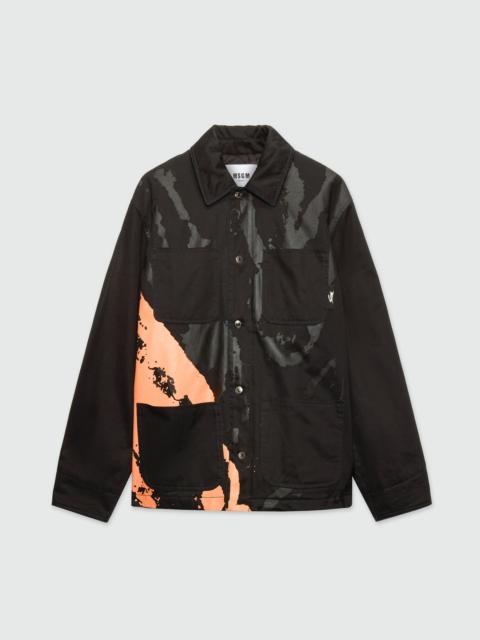 MSGM Black cotton drill overshirt with "Sketched Bunnies" print