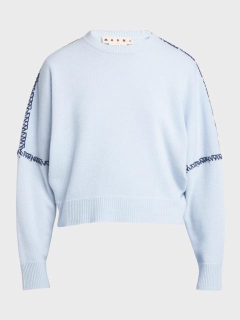 Hand-Embroidered Crewneck Crop Wool-Cashmere Sweater