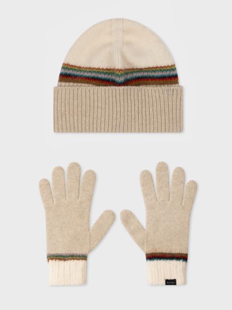 Paul Smith Oatmeal 'Signature Stripe' Hat & Gloves Gift Set