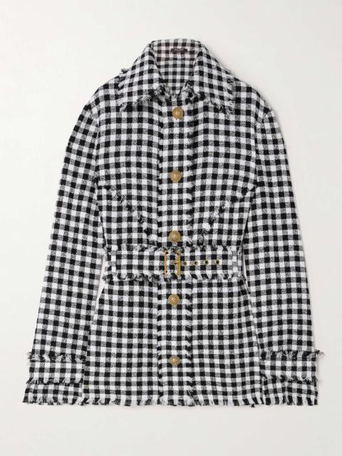 Belted frayed houndstooth cotton-blend tweed overshirt