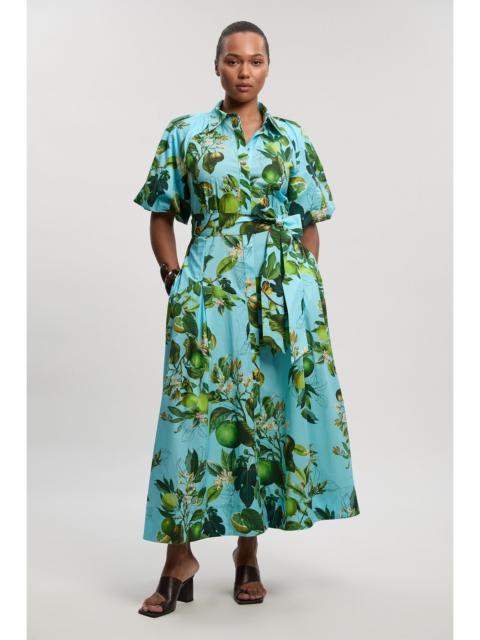 KAREN MILLEN Plus Size Lime Print Cotton Puff Sleeve Woven Midi Shirt Dress With Dropped Waist Detail
