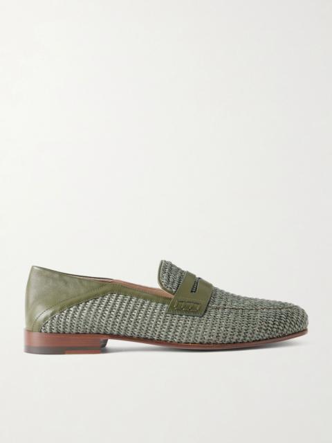 Manolo Blahnik Padstow Collapsible-Heel Leather-Trimmed Raffia Loafers Green