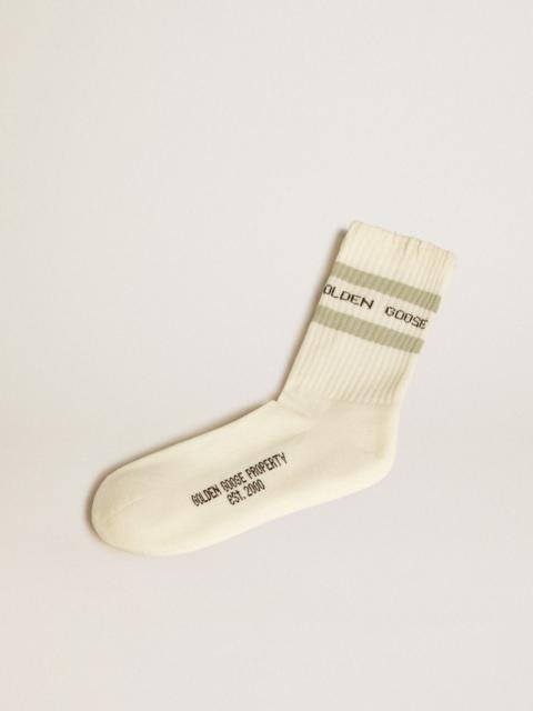 Golden Goose Worn-white socks with distressed details and sage-green stripes