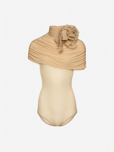 Draped cape-effect cupro bodysuit in beige