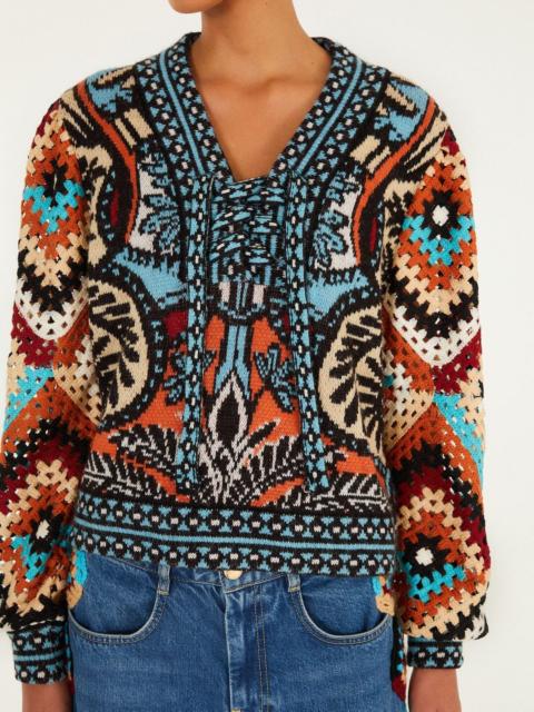 FARM RIO Multicolor Balamana Crochet Sleeve Knit Sweater