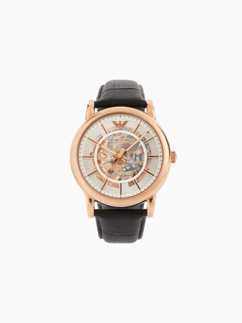EMPORIO ARMANI MEN'S AUTOMATIC BLACK LEATHER WATCH