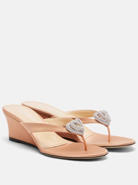 MACH & MACH Double Heart satin wedge thong sandals