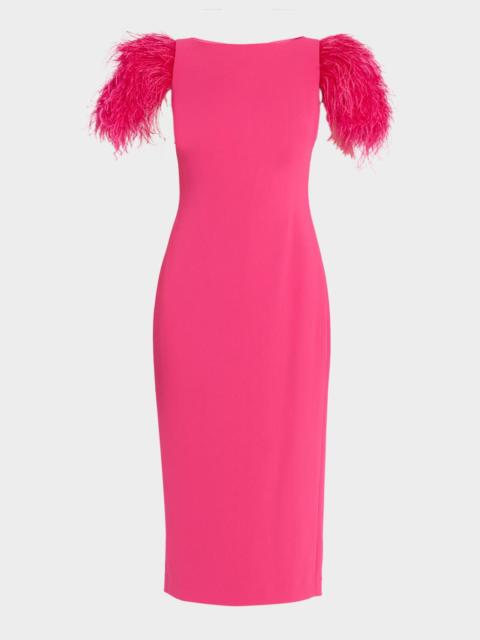 BADGLEY MISCHKA Feather-Sleeve Crepe Midi Sheath Dress