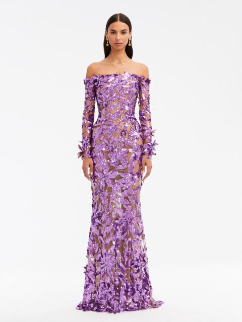 Oscar de la Renta OFF SHOULDER SEQUIN EMBROIDERED GOWN
