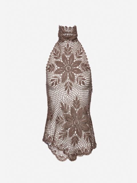 MAGDA BUTRYM Lace crochet high-neck blouse in brown