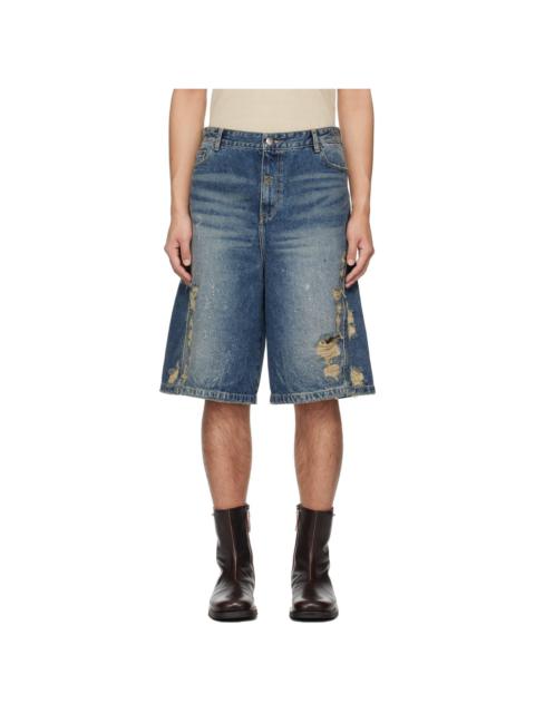 lesugiatelier Blue Crystal Embellished Ripped Denim Shorts