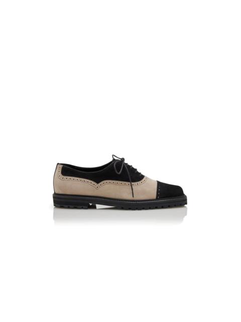 Manolo Blahnik Black and Beige Suede Cap Toe Oxfords