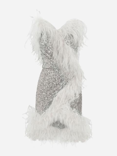 Dolce & Gabbana Short sequined wrap dress with feather trims