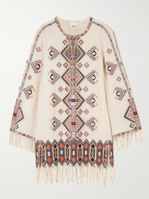 Isabel Marant Zayana Fringed Embellished Embroidered Silk-gauze Mini Dress
