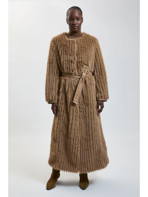KAREN MILLEN Textured Faux Fur Belted Collarless Long Coat
