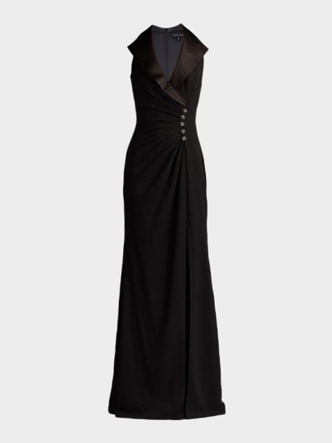TADASHI SHOJI Pleated Jewel-Embellished Crepe Tuxedo Gown