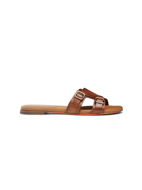 Women's brown leather double-buckle Didi slide sandal
