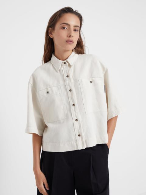 Brunello Cucinelli Garment-dyed shirt in cotton and linen cover with shiny tab