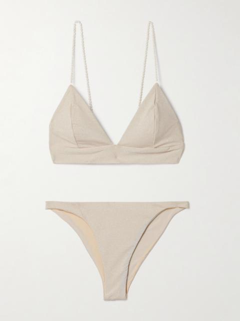 SARA CRISTINA Pearl-embellished Metallic Triangle Bikini