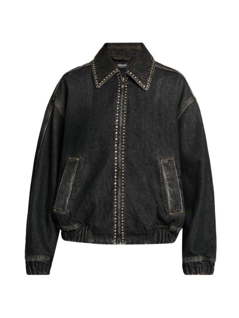 VERSACE Women's Studded Stone-Washed Denim Jacket - Black