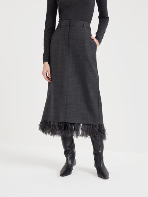 Brunello Cucinelli Virgin wool chevron sartorial column skirt with detachable dazzling feather insert and monili
