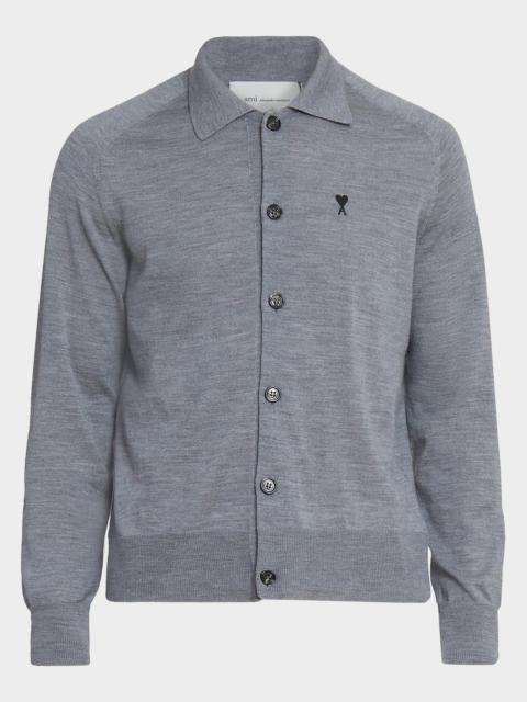AMI Paris Men's Embroidered-Logo Wool Knit Cardigan