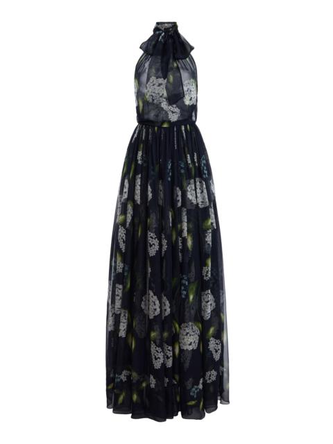 Oscar de la Renta Porcelain Flowers Halter Neck Chiffon Gown navy
