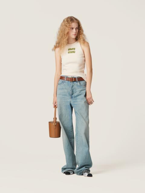 Miu Miu Ribbed jersey top with embroidered logo