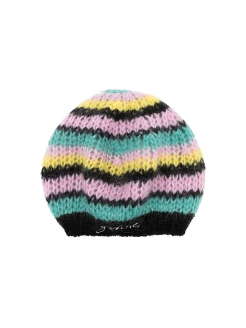 GANNI striped embroidered logo beret