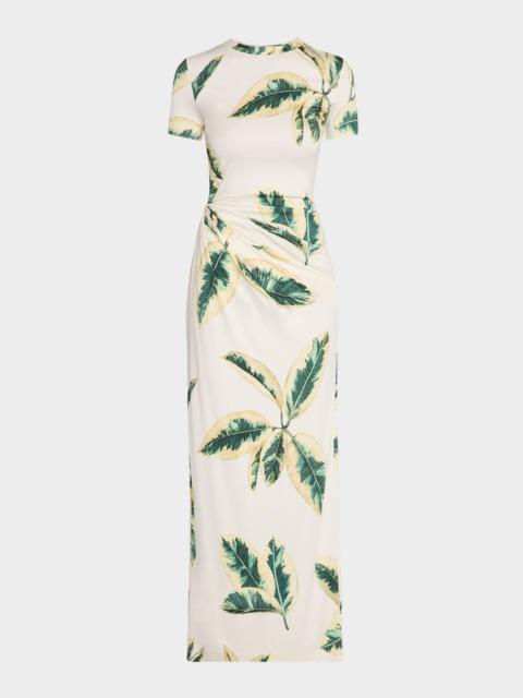 Oscar de la Renta Short-Sleeve Ficus-Print Draped Maxi Dress