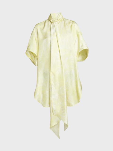 Feather Print Scarf-Neck Short Silk Tunic Dress