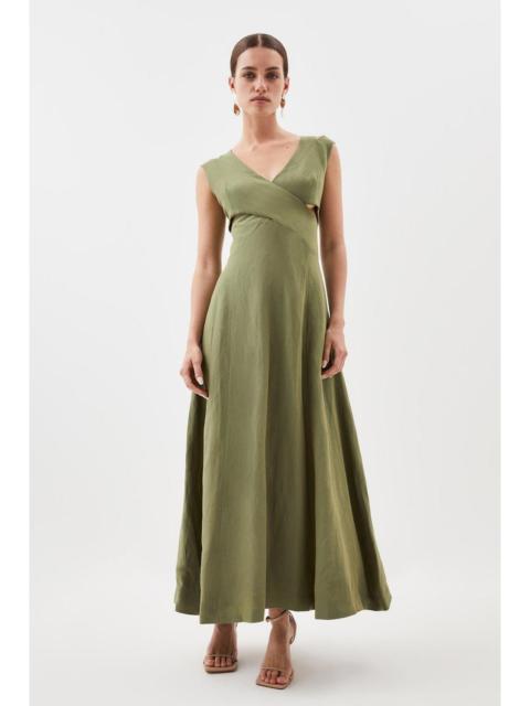 KAREN MILLEN Premium Linen Petite Open Back V Neck Woven Midi Dress