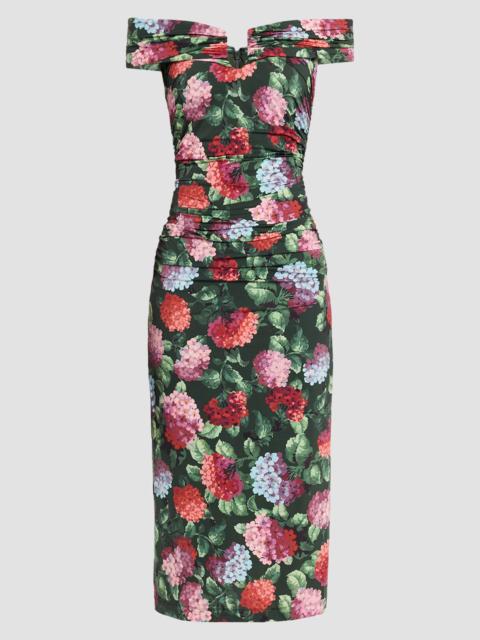CAROLINA HERRERA Women's Floral Off-the-Shoulder Ruched Midi Dress - Racing G Multi