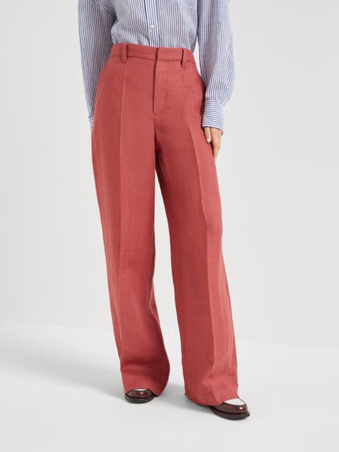 Brunello Cucinelli Dyed hemp and linen gabardine loose trousers with monili