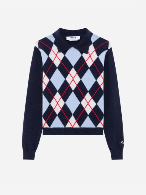 MSGM Cashmere wool blend sweater with argyle pattern and collar