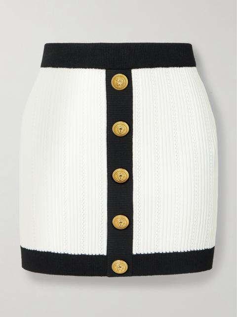 Balmain Button-embellished Two-tone Ribbed-knit Mini Skirt