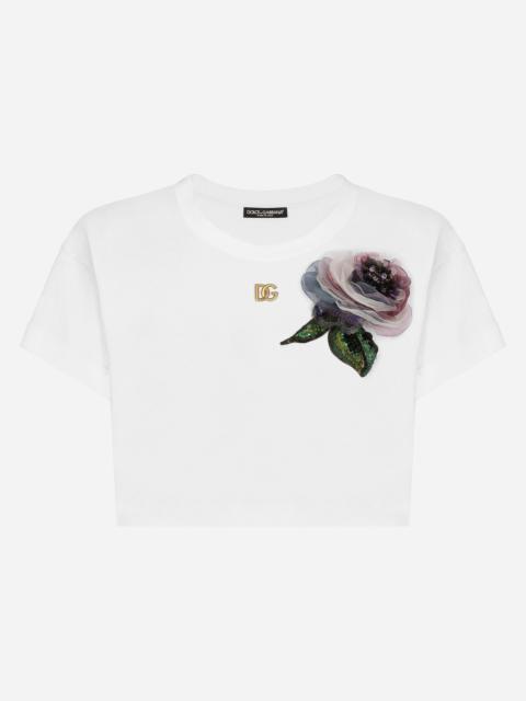 Dolce & Gabbana Cropped jersey T-shirt with flower appliqué