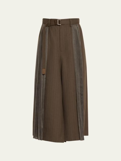 Belted Chalk Stripe Pleated Wool Midi Skirt