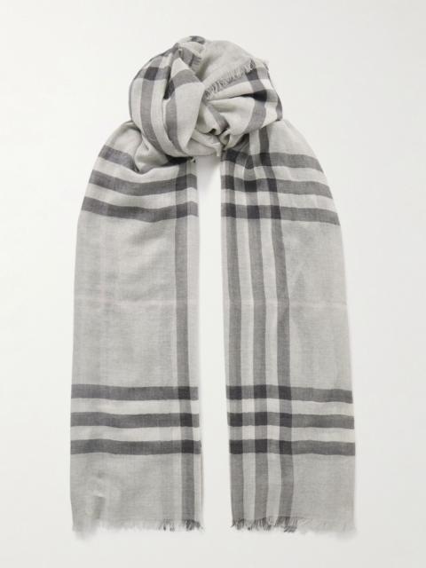 Fringed checked wool scarf Gray