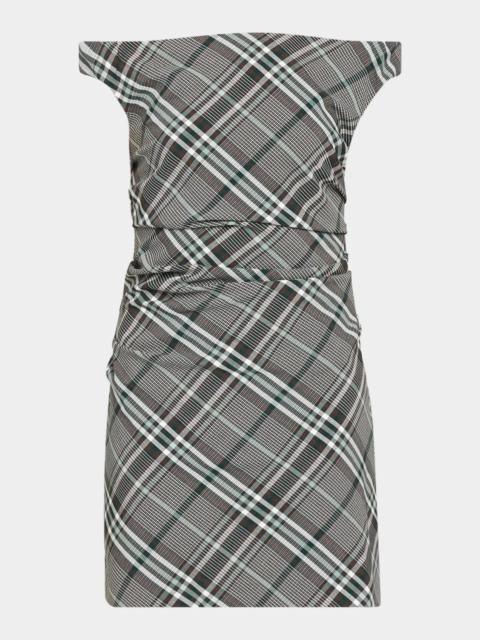 SIMKHAI Wells Plaid Off-the-Shoulder Mini Dress