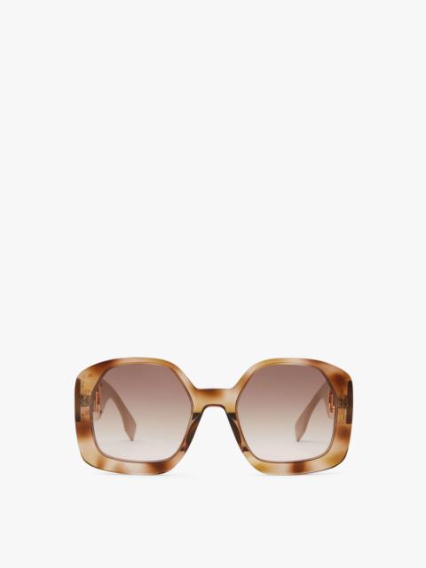 FENDI Square O’Lock glasses in Havana transparent acetate. Oversized gold metal O’Lock logo on the temples