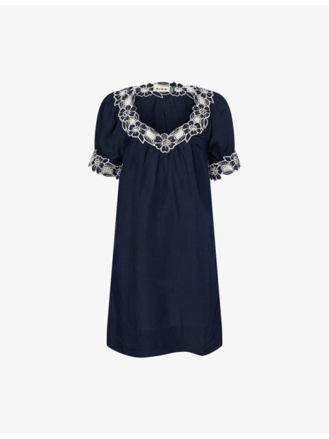 RIXO Cristina Floral-Embroidered Linen-Blend Mini Dress