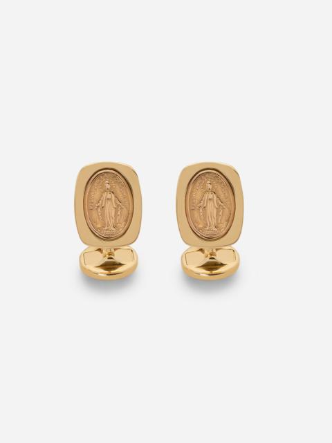 Devotion yellow gold cufflinks with a red gold Virgin Mary medallion