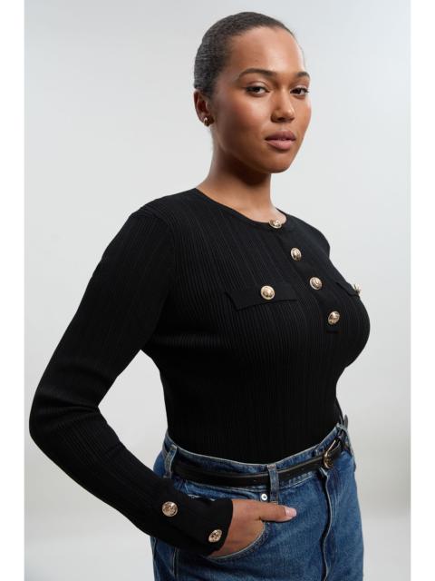 KAREN MILLEN Forever Plus Size Military Trim Rib Long Sleeve Knit Top