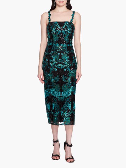 Marchesa EMBROIDERED SEQUIN TEA-LENGTH  MIDI GOWN